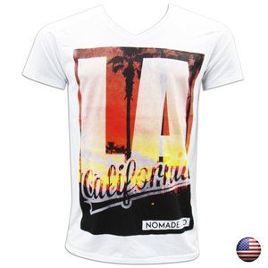 LOS ANGELES LA CALIFORNIA LONG BEACH MEN'S WHITE V-NECK GRAPHIC SLIM FIT T-SHIRT